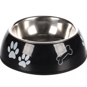 Метална купа за куче Flamingo DIVAR PAW PRINT BLACK -  с черна пластмасова поставка